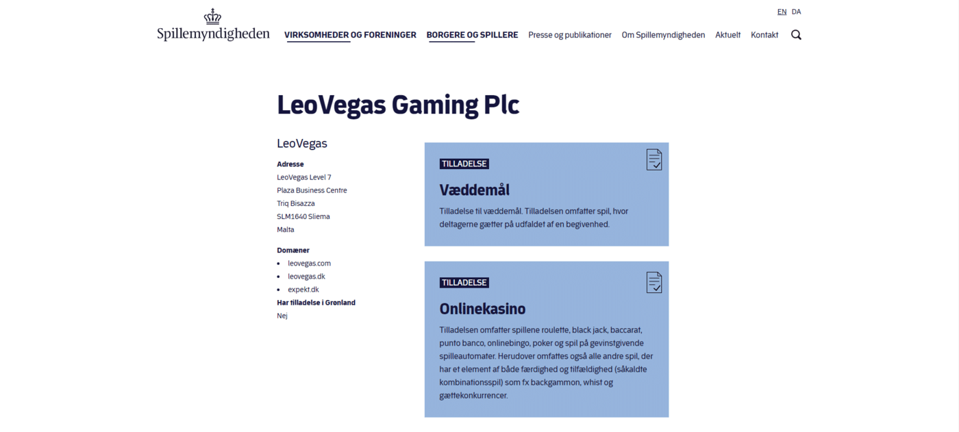 LeoVegas Gaming Plc dansk licens